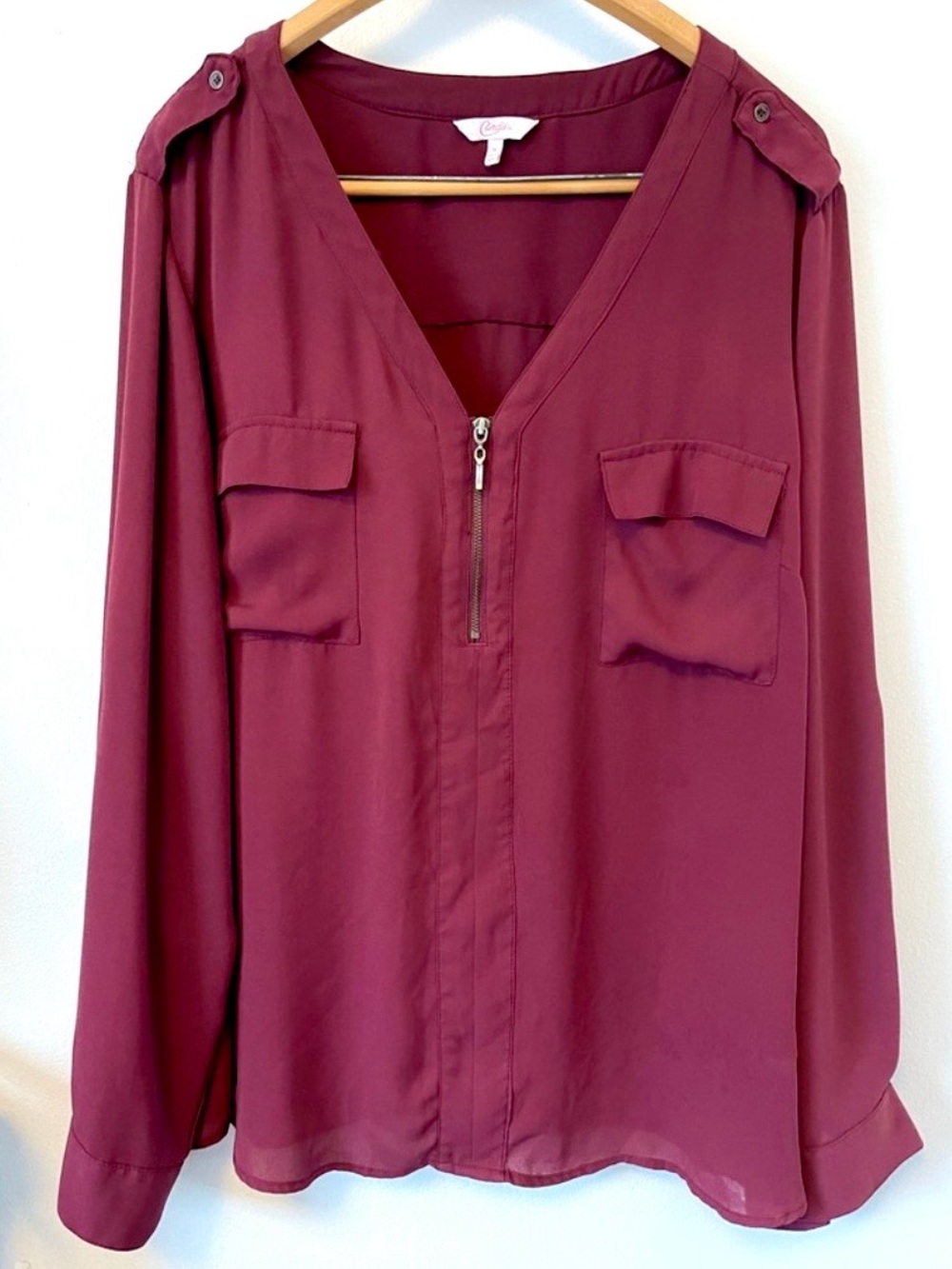 PLUS SIZE 3X WINE RED ZIP FRONT BLOUSE POCKET UTILITY TOP MAROON TUNIC CANDIES